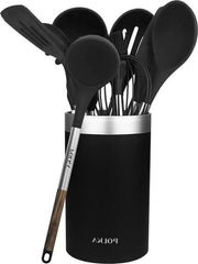 Set di accessori in silicone per cucina 9 pezzi - rivestimento soft-touch e manico in acciaio - Nero/Bianco effetto legno