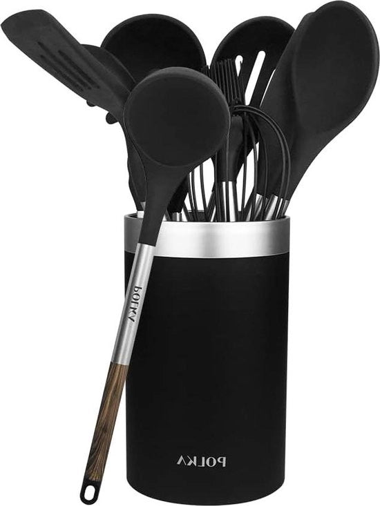 Set di accessori in silicone per cucina 9 pezzi - rivestimento soft-touch e manico in acciaio - Nero/Bianco effetto legno