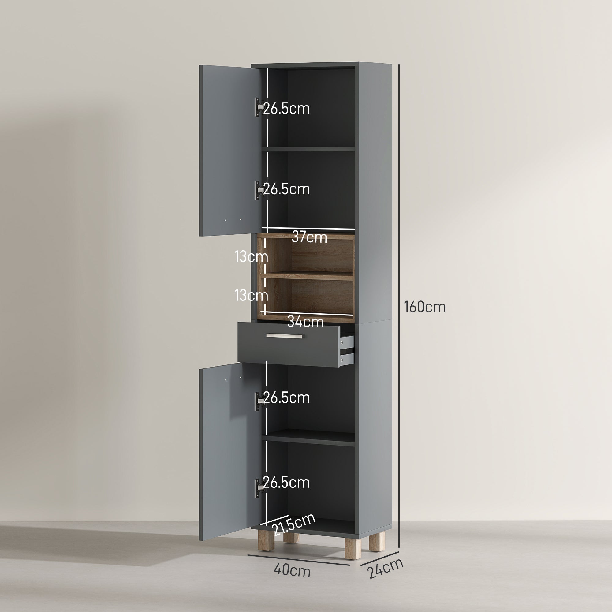 Mobile a Colonna da Bagno con Cassetto e Armadietti 40x24x160 cm in Legno Grigio