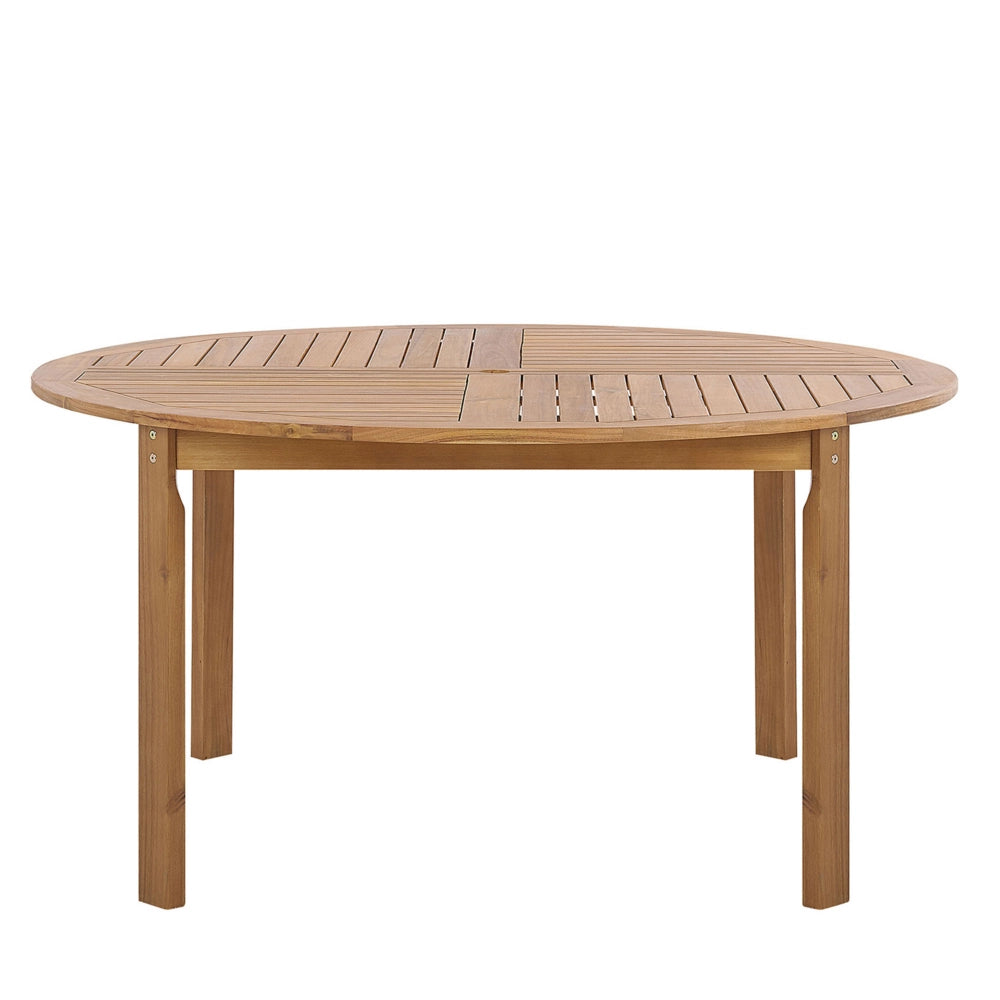 Tavolo da pranzo da giardino in legno chiaro di acacia piano rotondo 150 cm a doghe di design per interni ed esterni