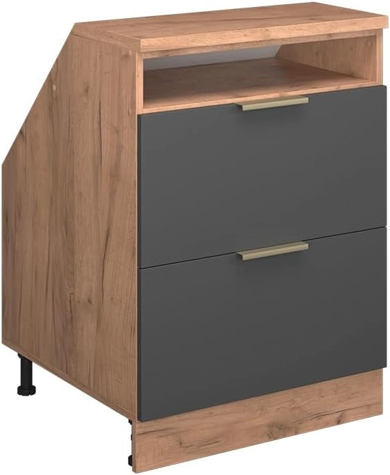 Mobile sottotetto Rion, Antracite-oro, 60 x 81.6 cm con 2 cassetti, carcassa 60 cm profondità, adatto per il salvaspazio sotto tetti spioventi