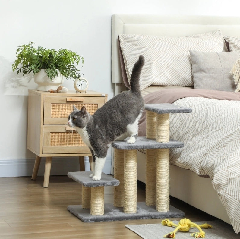 Scala per animali 3 gradini alta 54 cm grigia in legno con sisal