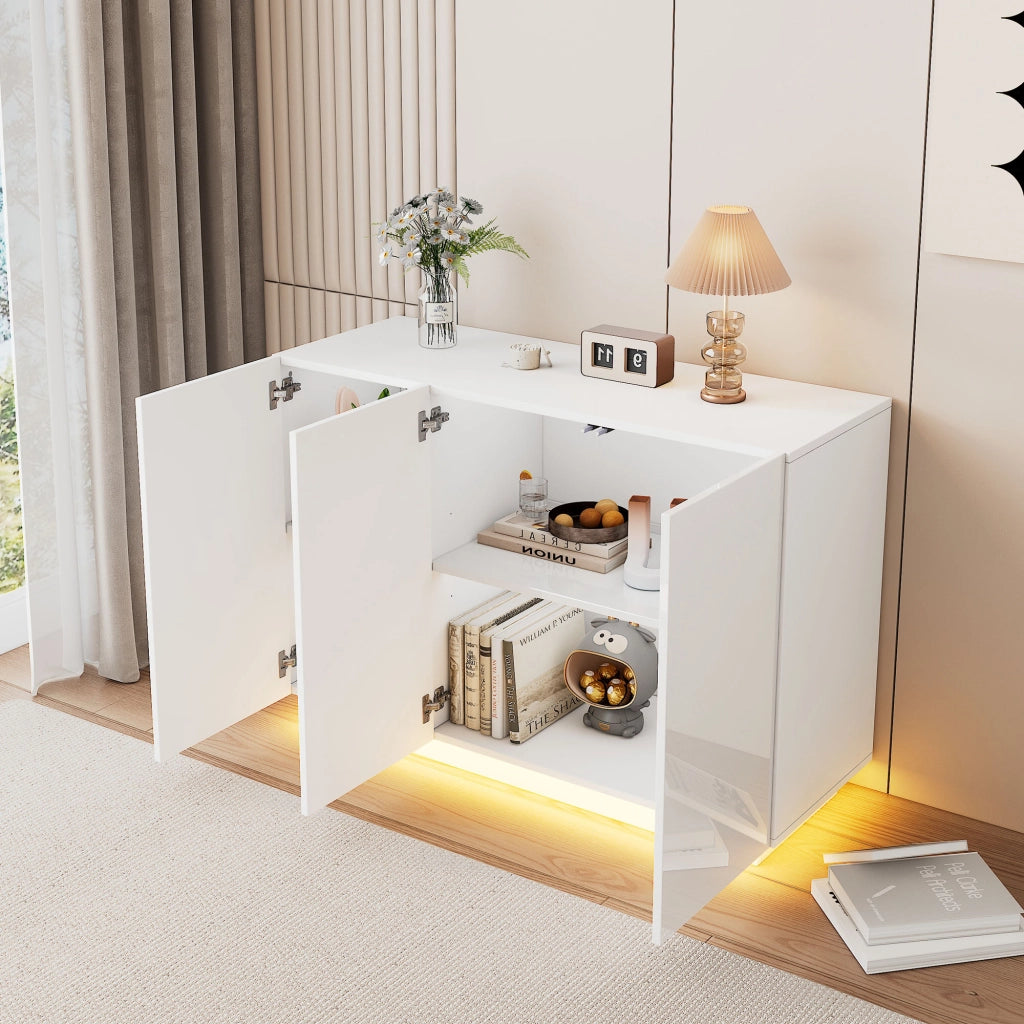 Credenza bianca lucida con luce LED, 120x40x75 cm, in pannello truciolare, con ante regolabili e capacit¨¤ 60 kg