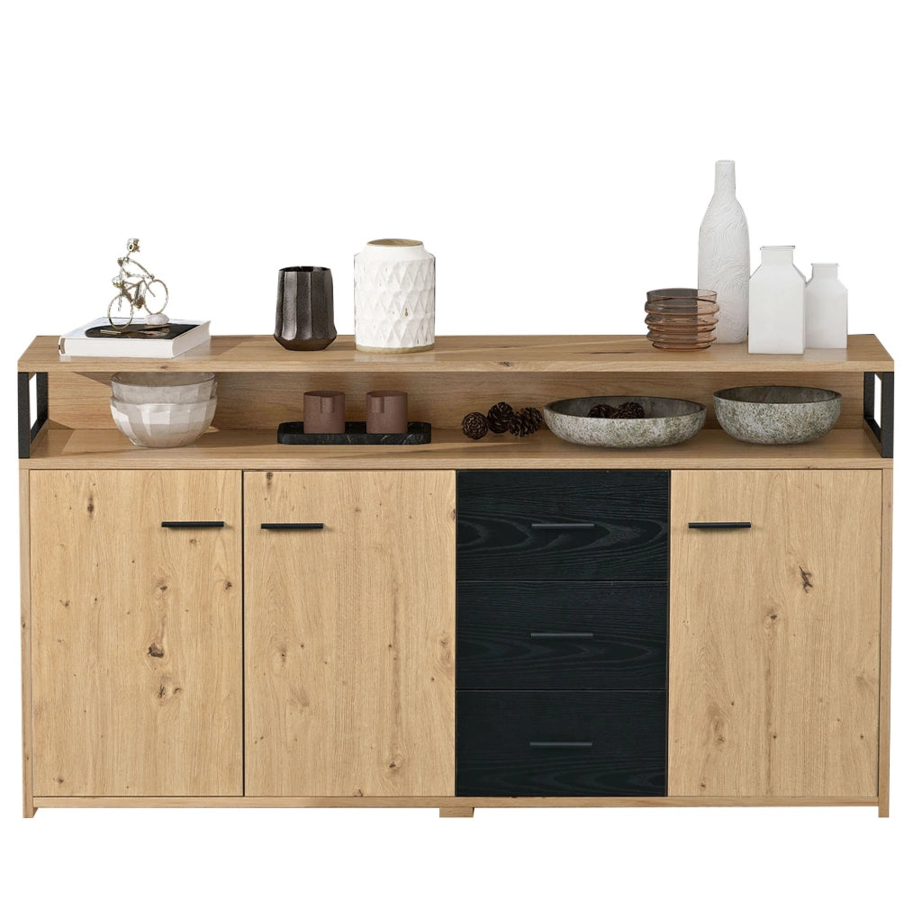 Credenza nera e legno con 3 ante e 3 cassetti