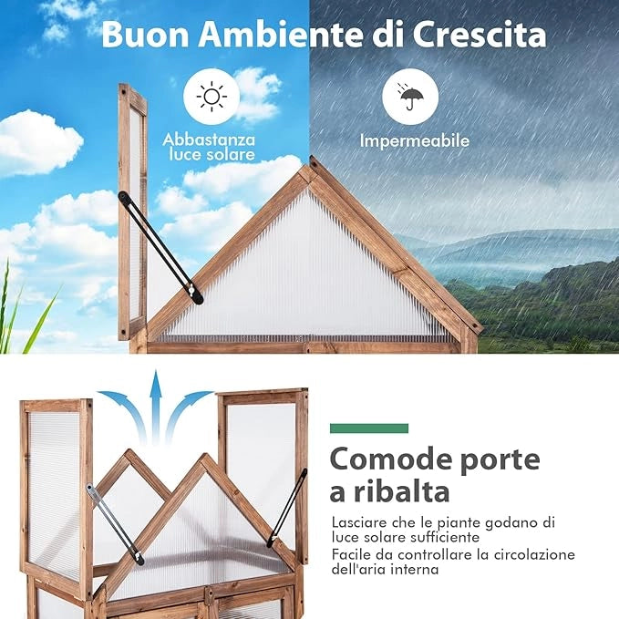 Mini Serra da Giardino in Legno a 3 Livelli, Serra da Giardino con Coperchio Apribile, Ripiani Rimovibili, Serra a Forma di Casetta da Interno ed Esterno, 71 x 41 x 133 cm