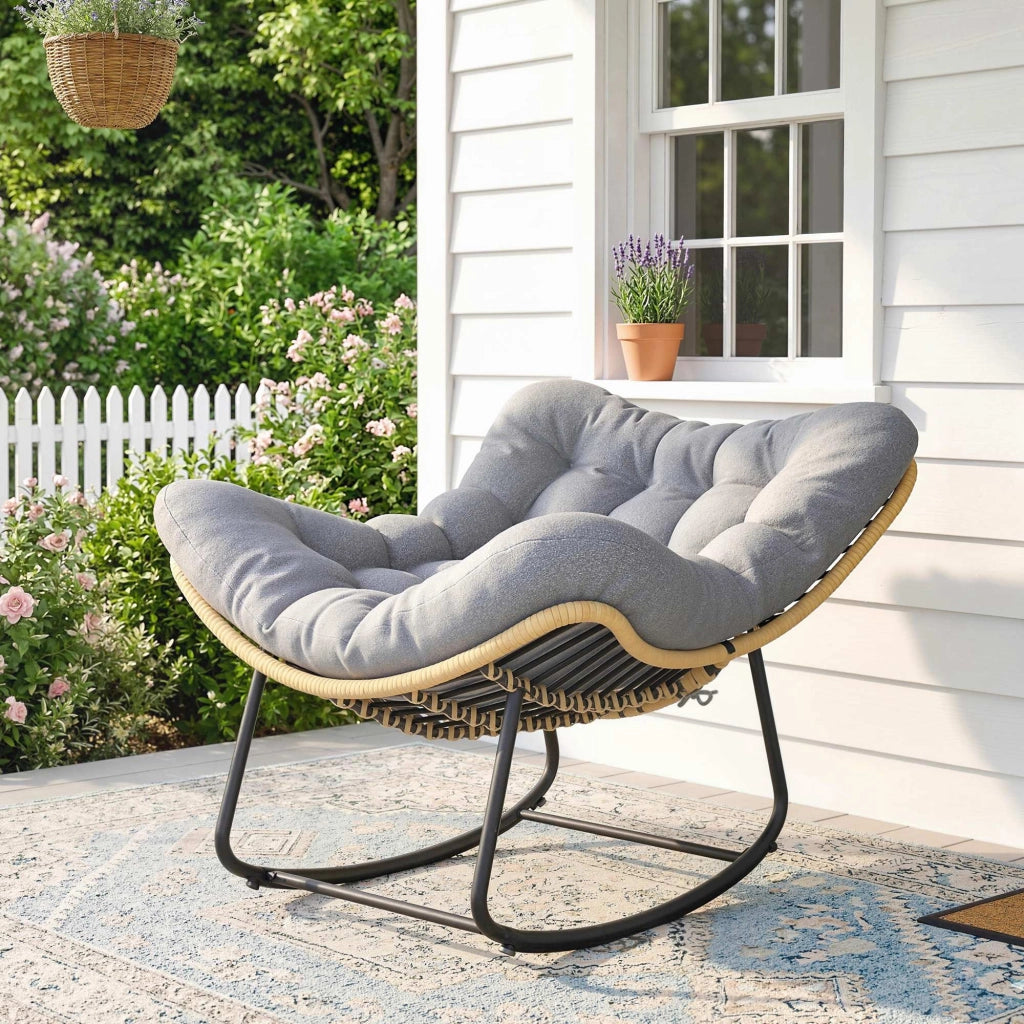 Poltrona a dondolo rattan con cuscini spessi ¨C zephmum ¨C grigio 87x110x70 cm