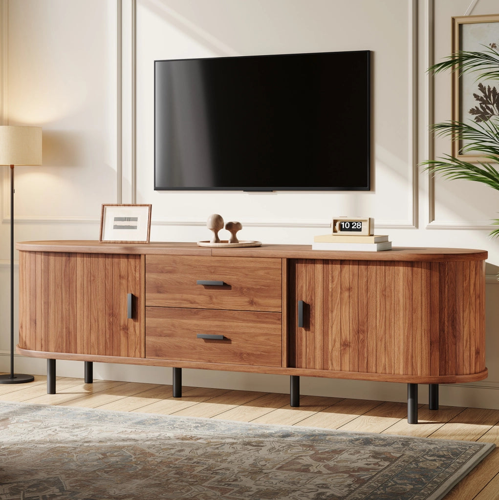 TV lowboard 150x40x55 cm con 2 cassetti e ante scorrevoli; noce; MDF e pannello truciolare