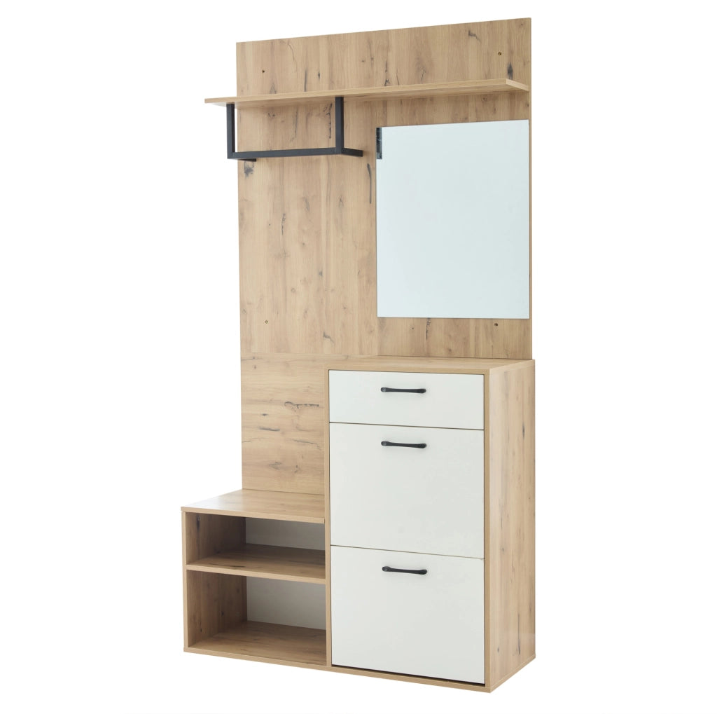 Mobile ingresso multifunzionale 100 x 38;5 x 190 cm con specchio; cassetto e scarpiera; bianco e naturale