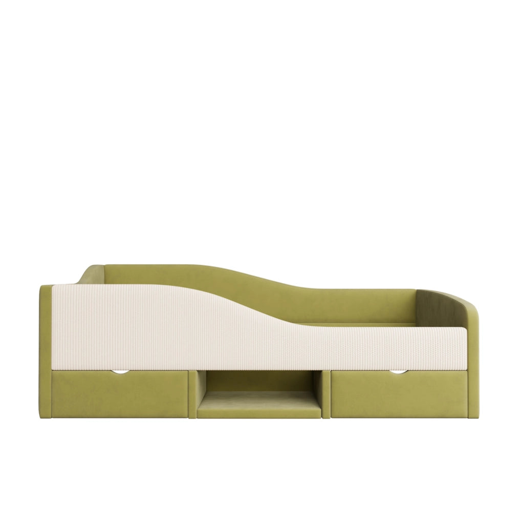 Divano letto imbottito 90x190 cm con 2 cassetti; velluto verde e avorio