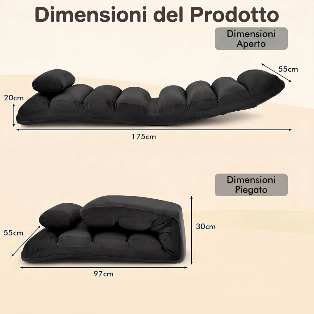 Poltrona Relax, Sedia Pieghevole da Pavimento, Divano Letto da Terra con Cuscino e Schienale Regolabile in 5 Posizioni, Sedia Imbottita Relax per Soggiorno, Camera da Letto (Nero)