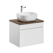Set ICON bianco: mobile sotto lavabo 60cm + piano per lavabo in aspetto legno scuro + lavabo da appoggio quadrato arrotondato