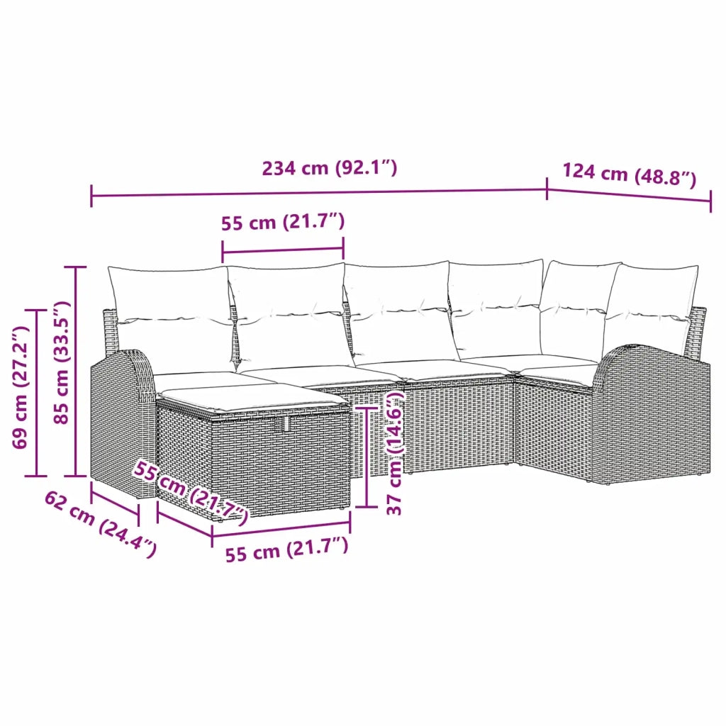 Set di divani con cuscino 6 pcs Marrone e Rosso polyrattan