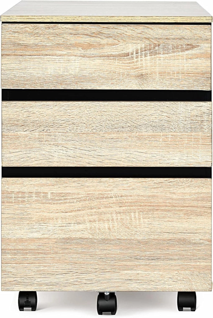 Cassettiera arrotolabile su ruote, armadietto a 3 cassetti, armadietto da ufficio, con freni, armadietto da ufficio, con design anti-ribaltamento, colore: naturale