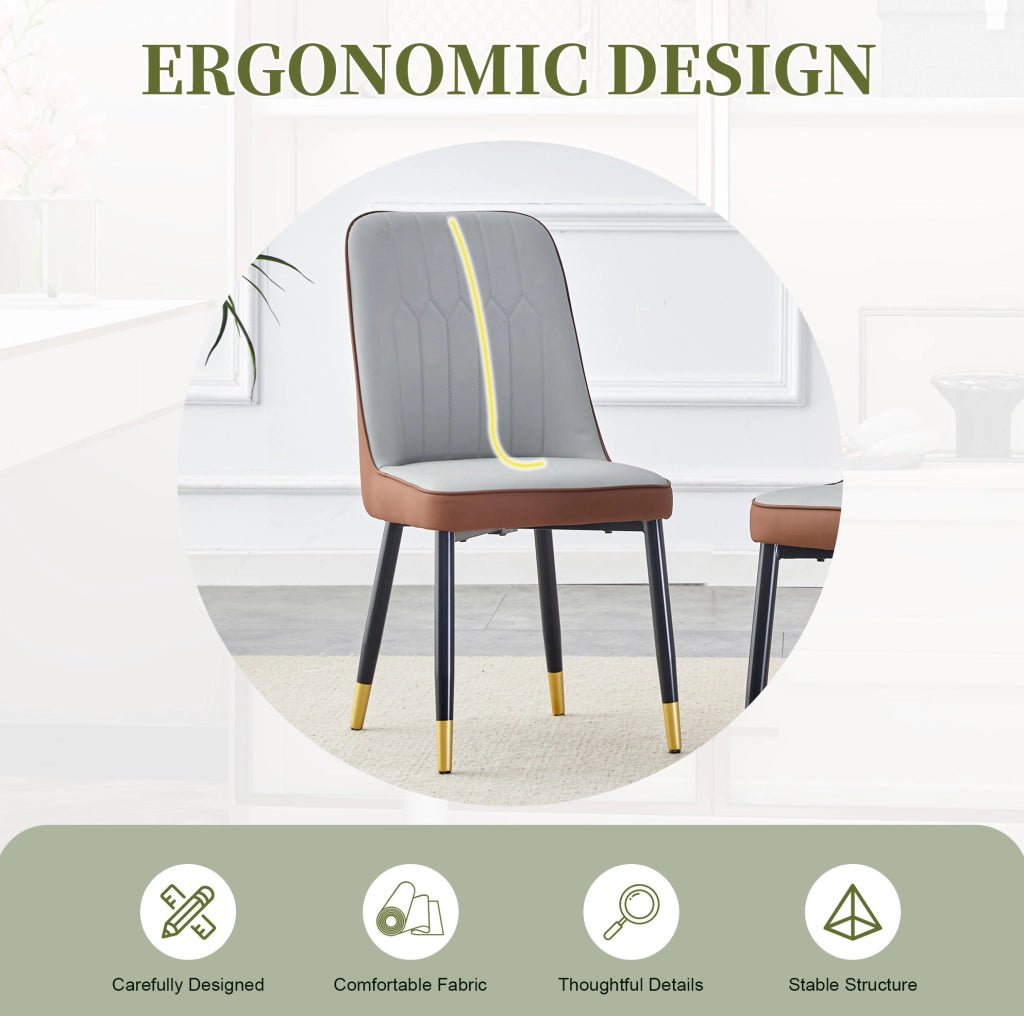 Set di 2 sedie da pranzo moderne in PU bicolore grigio chiaro e marrone; gambe nere in metallo