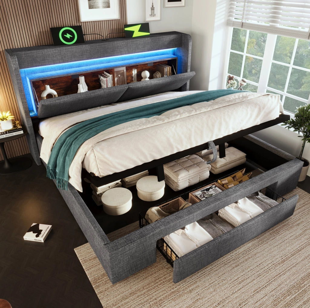 Letto matrimoniale 160x200 cm in lino grigio con contenitore; LED; USB e materasso