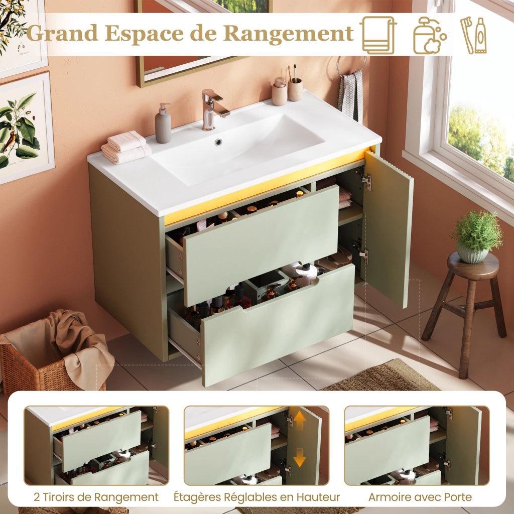Mobile bagno sospeso 81 cm verde con lavabo in ceramica e luci LED