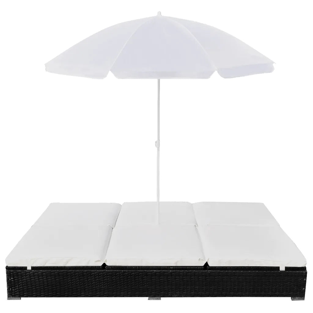 Lettino Prendisole | Sdraio da giardino | Lettino da sole con Ombrellone in Polyrattan Nero