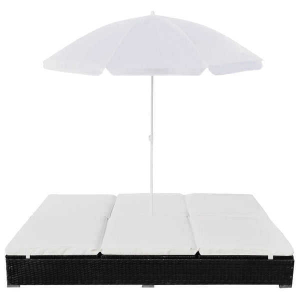 Lettino Prendisole | Sdraio da giardino | Lettino da sole con Ombrellone in Polyrattan Nero