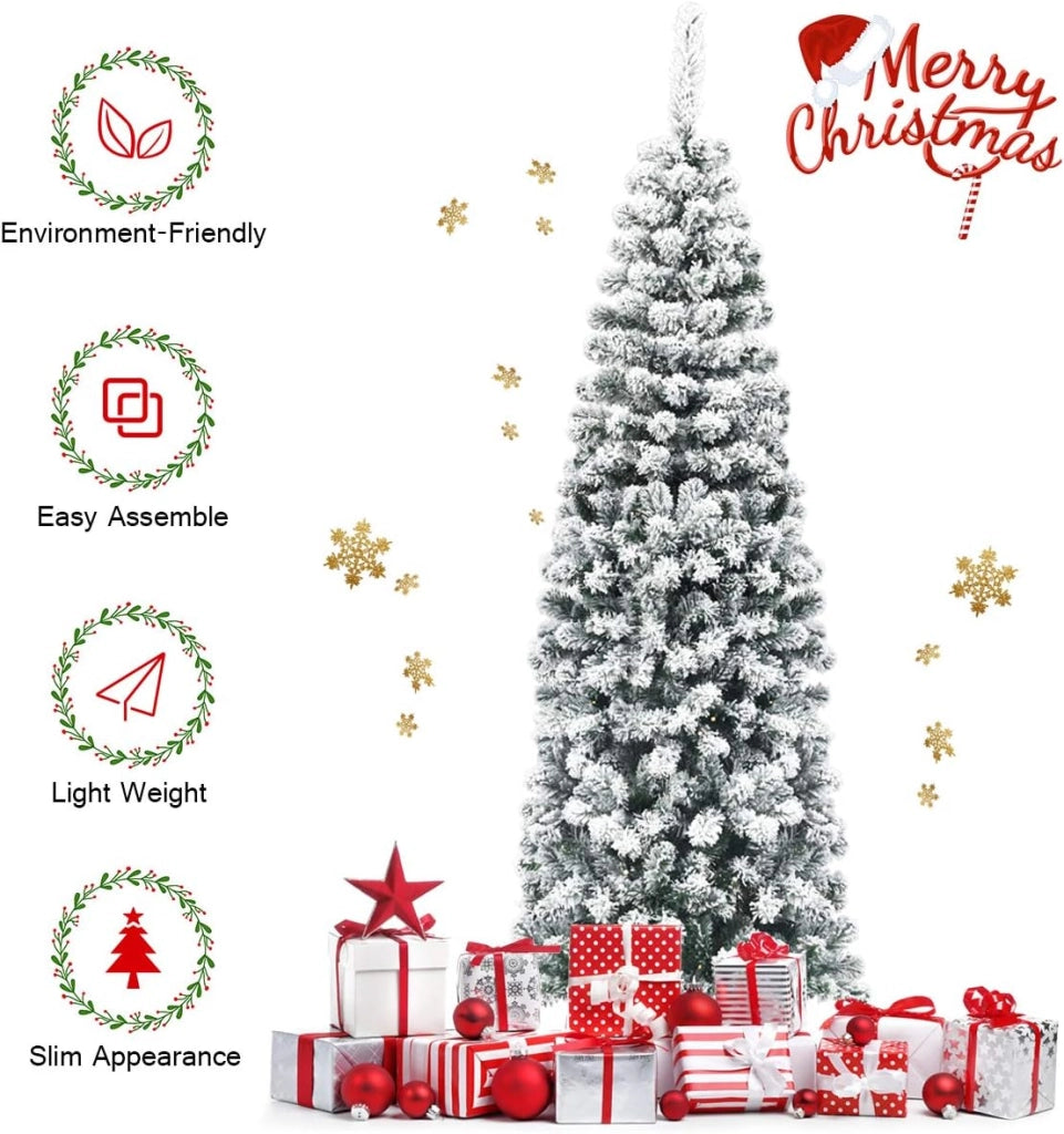 Albero di Natale Innevato 135/180/225 cm, Albero di Natale Stretto e Alto, Albero di Natale Bianco, Albero di Natale per Feste, Case, Uffici, Negozi, Bar, Scuole, Facile Montaggio (180 cm)