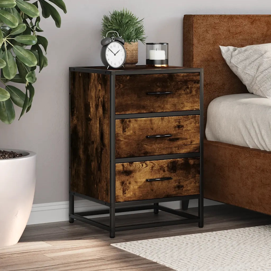 Comodino | Armadio da Notte | Mobiletto da notte Rovere Fumo 40x34,5x60 cm Legno Multistrato e Metallo