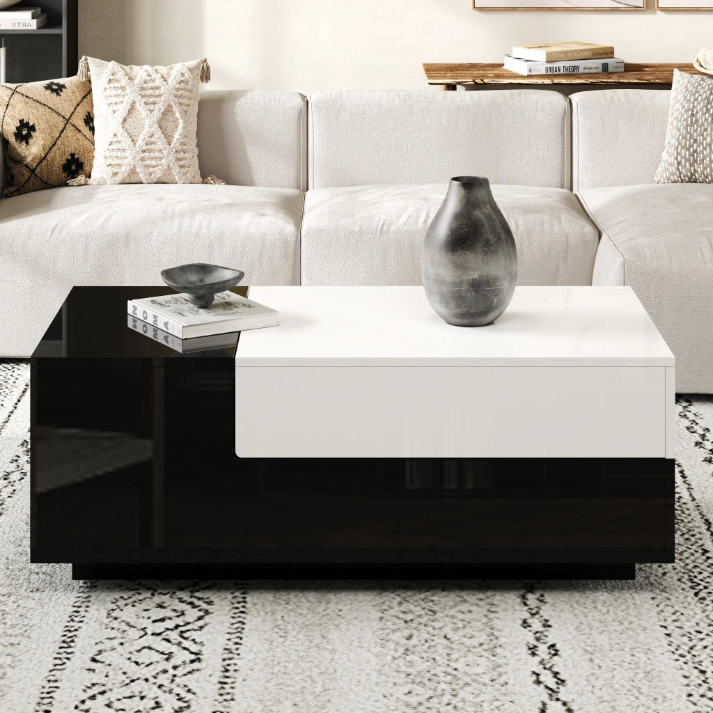 Tavolino da caffè con 2 cassetti e piano alzabile; per soggiorno; 100×50×38 cm; bianco nero