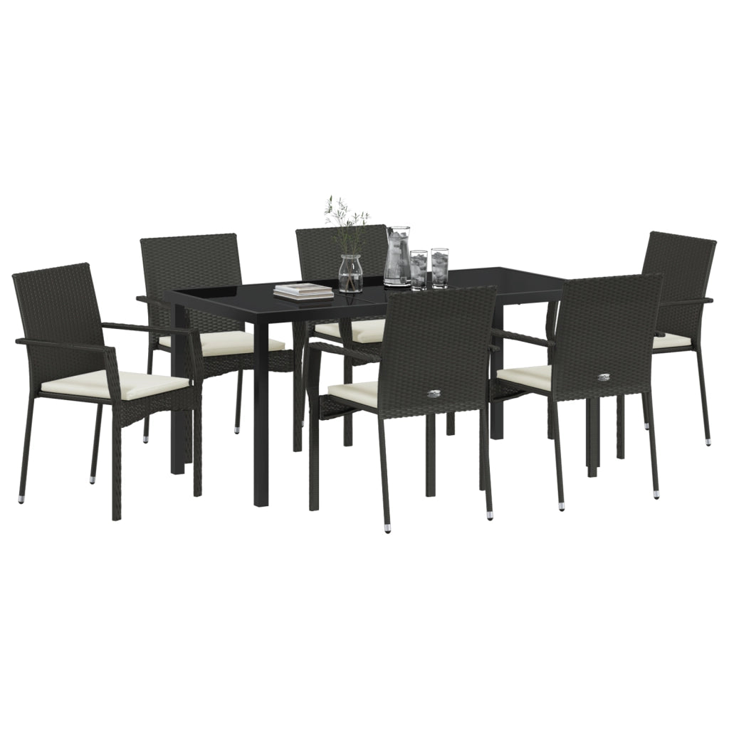 Set da Pranzo da Giardino con Cuscini Nero Polyrattan