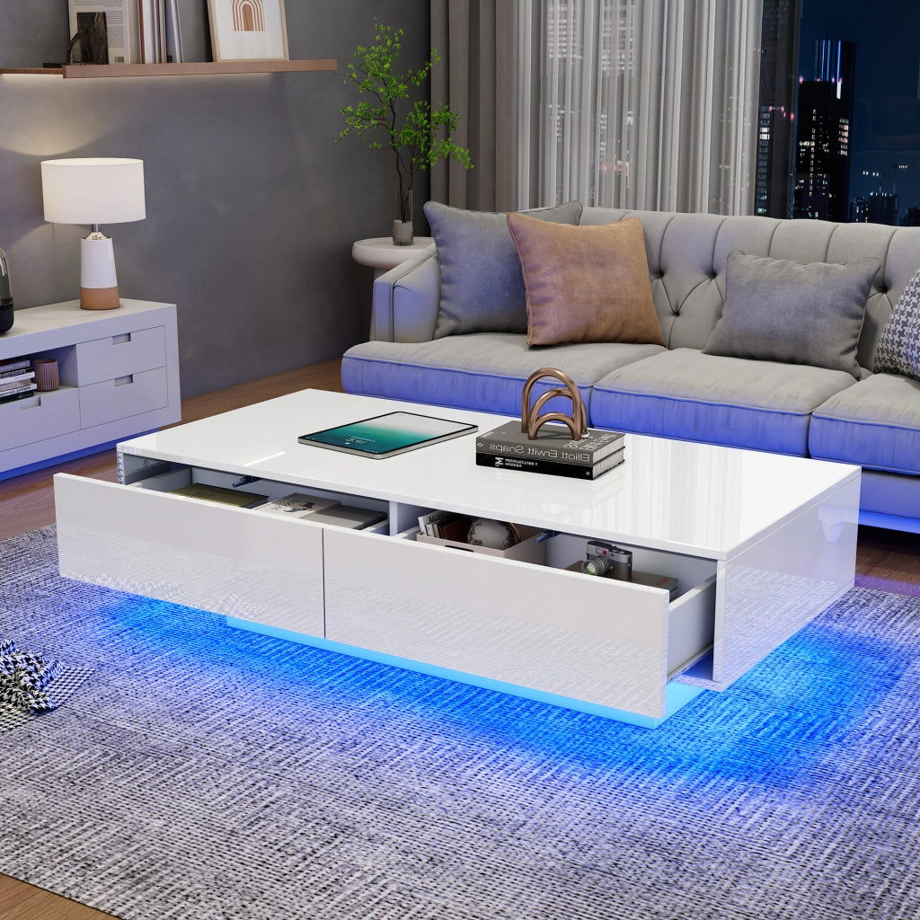 Tavolino da caffè rettangolare con 2 cassetti e LED, stile moderno, in truciolare, bianco, 115 × 55 × 34 cm