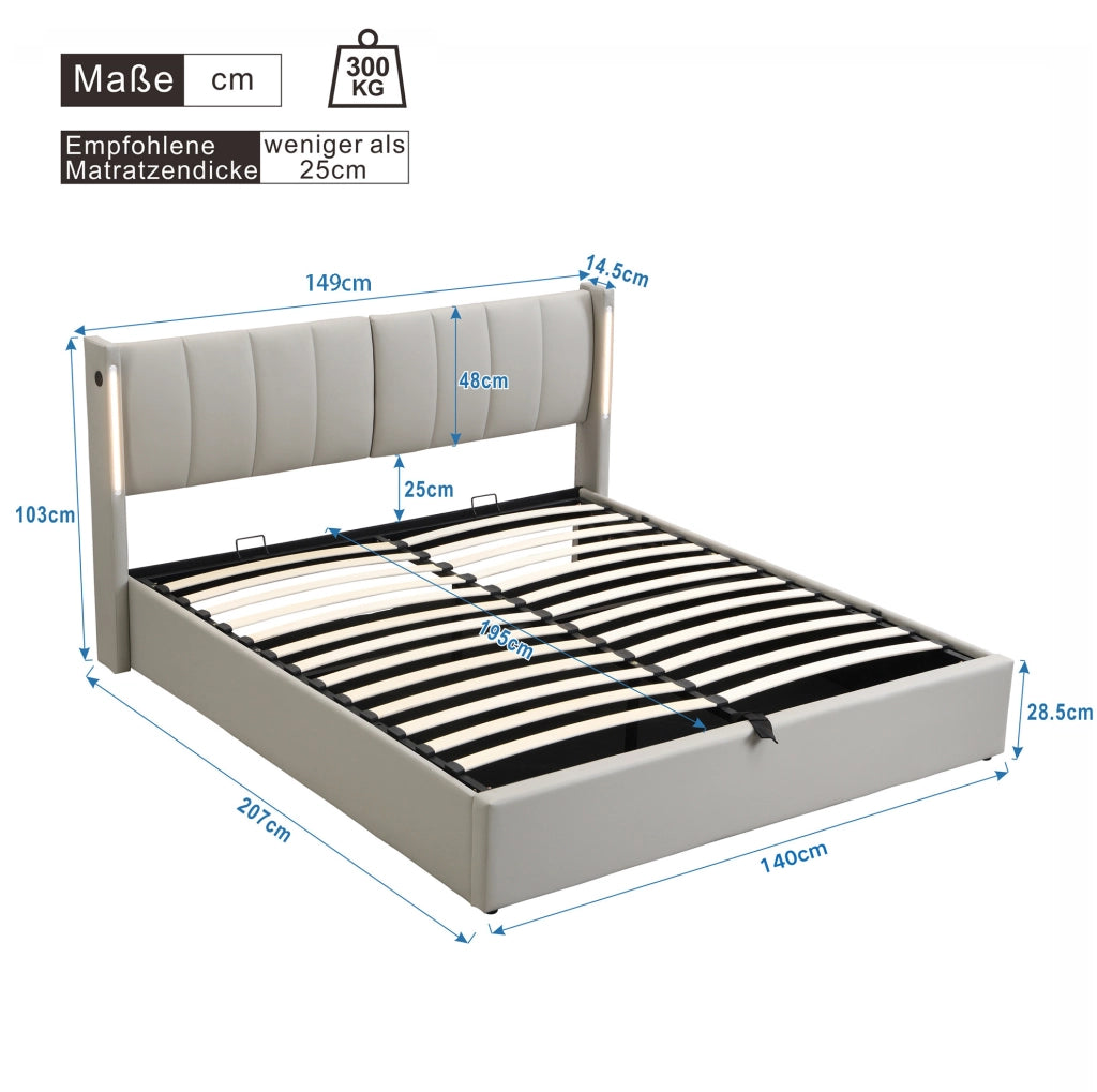 Letto imbottito 140x200 cm con USB e LED; testiera regolabile; PU grigio