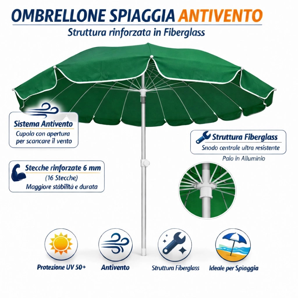 Ombrellone Mare 220 cm Antivento UV50+ 16 Stecche Fibra Palo Alluminio Inclinabile