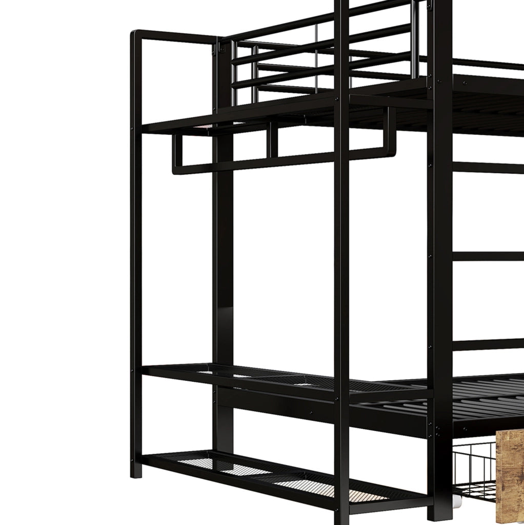 Letto a castello 140x200 cm in metallo e MDF con LED; 2 cassetti e ripiani; nero