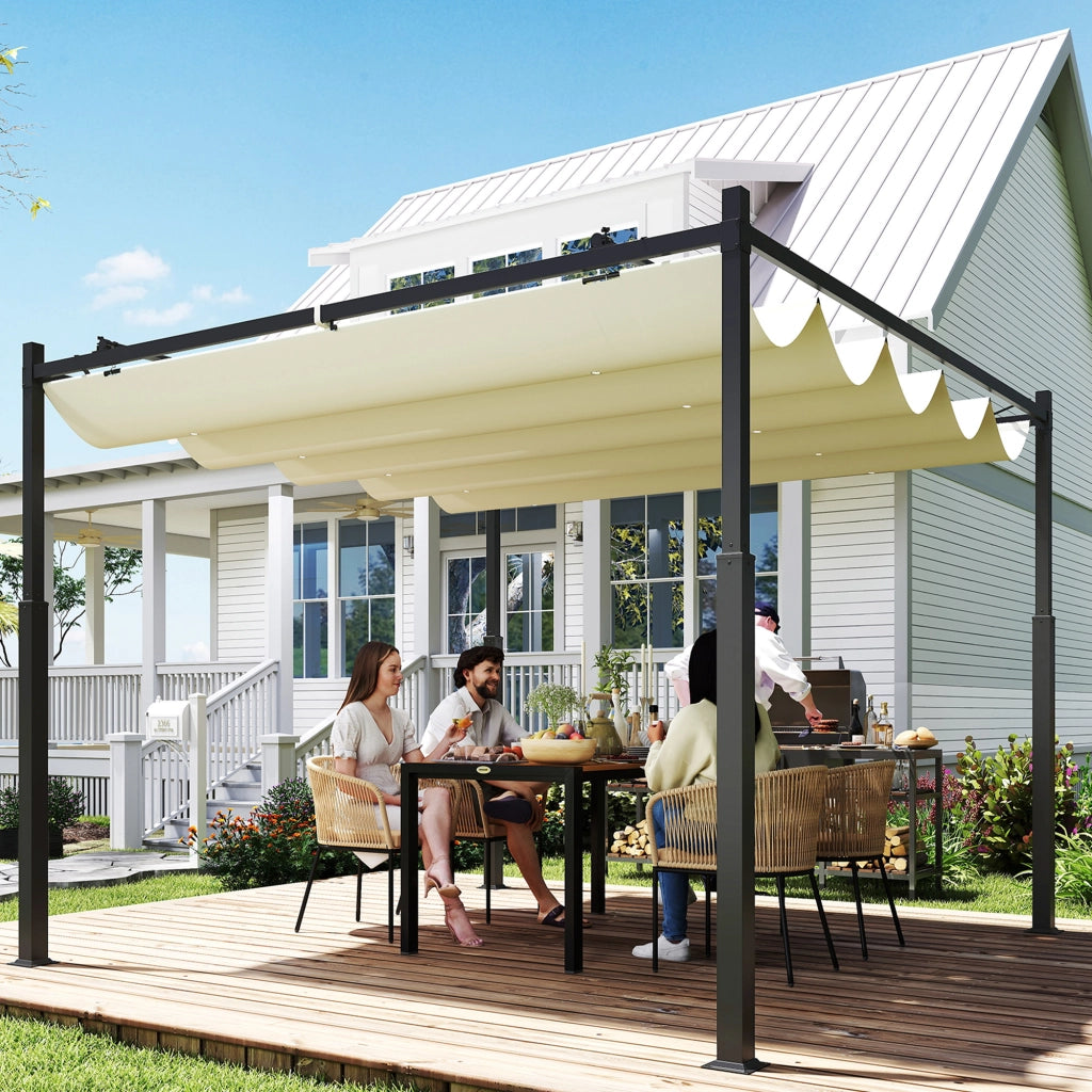 Pergola da giardino 3x3 m con tetto retrattile ¨C zephmum ¨C crema, metallo