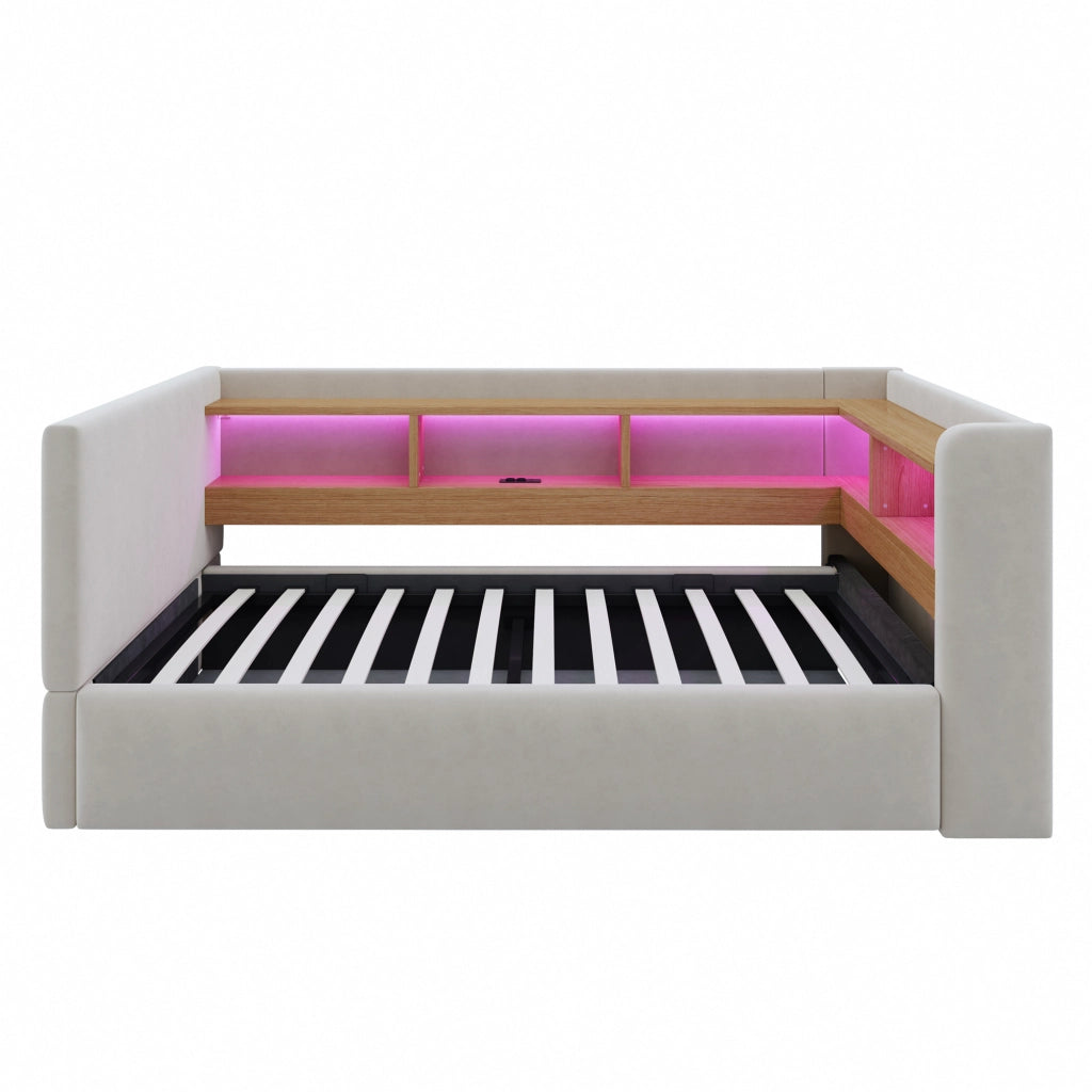 Letto imbottito, divano letto idraulico 90x190 cm, luci a LED, presa di corrente, vano portaoggetti, grigio chiaro