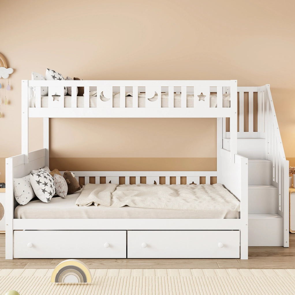 Letto a castello per bambini 90x200 cm e 140x200 cm con scala contenitore; cassetti; bianco