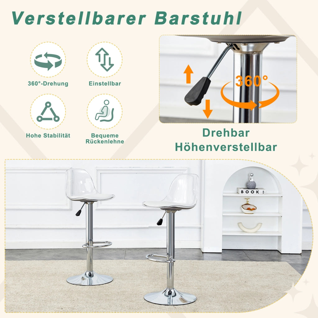 Set di 2 Sgabelli da Bar; Altezza Regolabile; Seduta Girevole; Schienale Trasparente; Poggiapiedi; Metallo e Plastica; Bianco e Argento