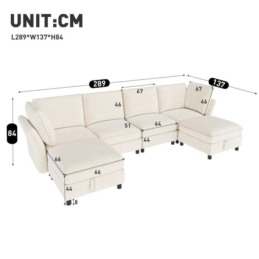 Divano angolare modulare a U con spazio contenitore e cuscini per 6-7 persone, in ciniglia beige, 289 × 137 × 84 cm