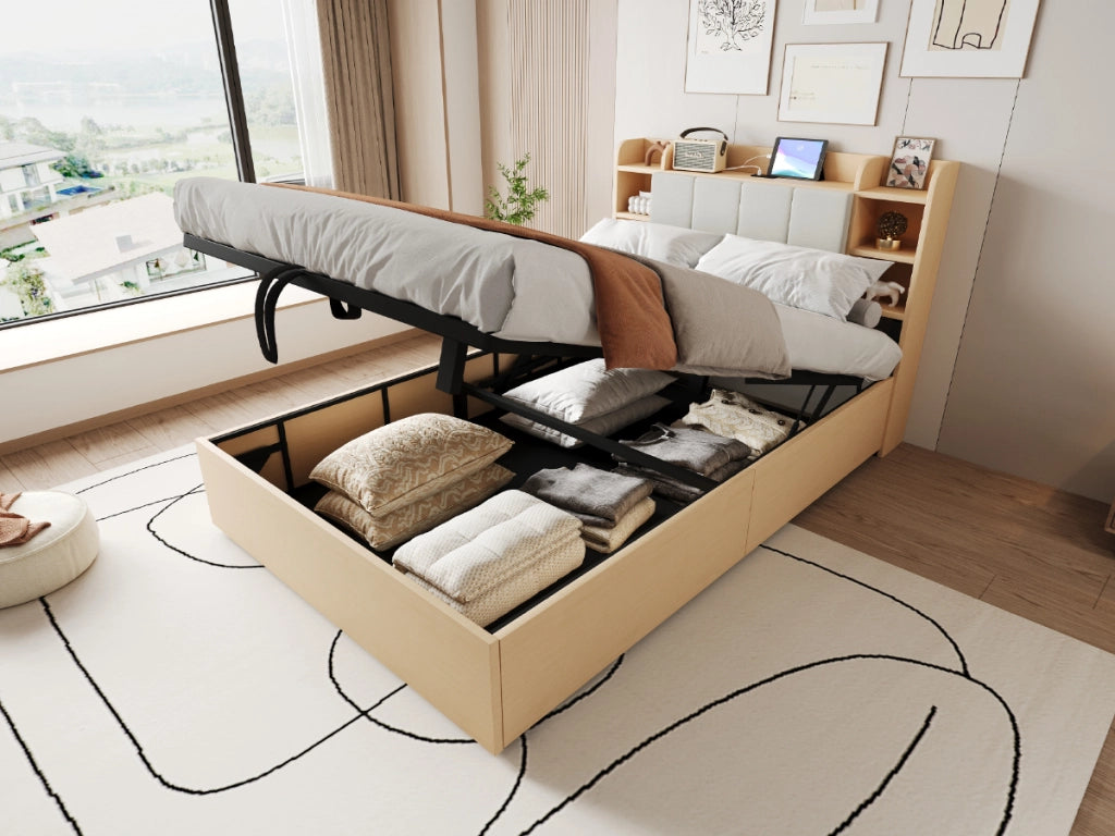 DESMIU Letto matrimoniale 140 × 200 cm 2 posti con contenitore idraulico, USB e Type-C, senza materasso, in MDF, naturale