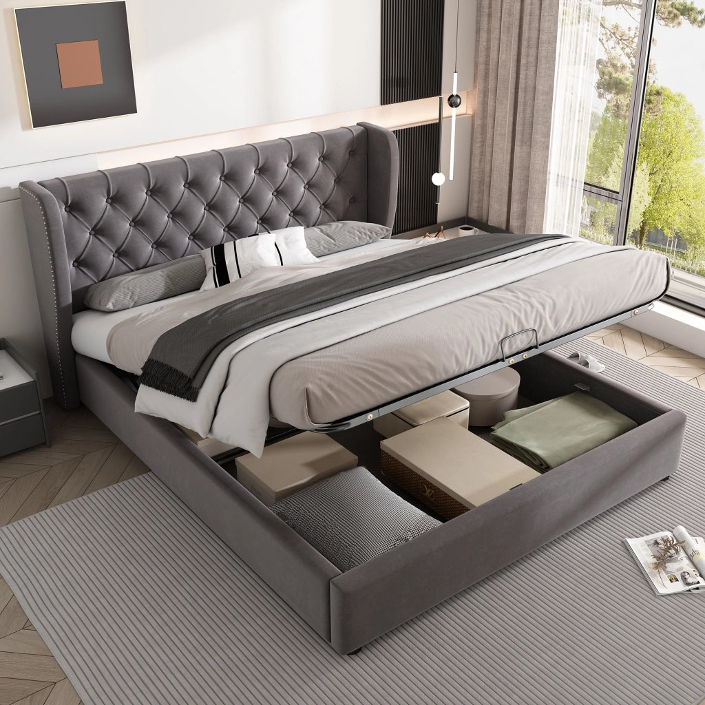 OKWISH Letto Contenitore 140×190 cm, Letto Matrimoniale con Sollevamento Idraulico, Testiera Imbottita e Borchie, senza Materasso, Velluto, Grigio