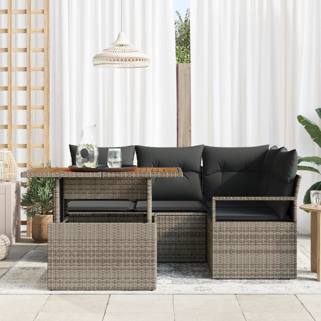 Set Divano da Giardino 5 Pezzi con Cuscini Grigi in Vimini e Acacia