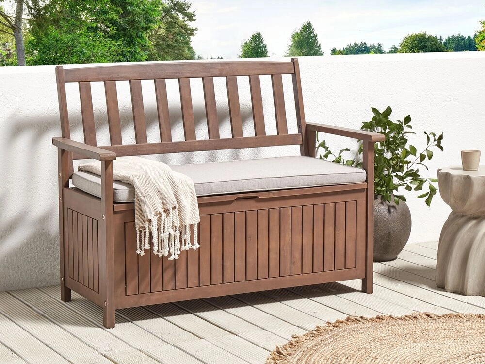 Panca da Esterno con Contenitore in Legno Massello di Acacia 2 Posti 120 cm Colore Scuro e cuscino Grigio