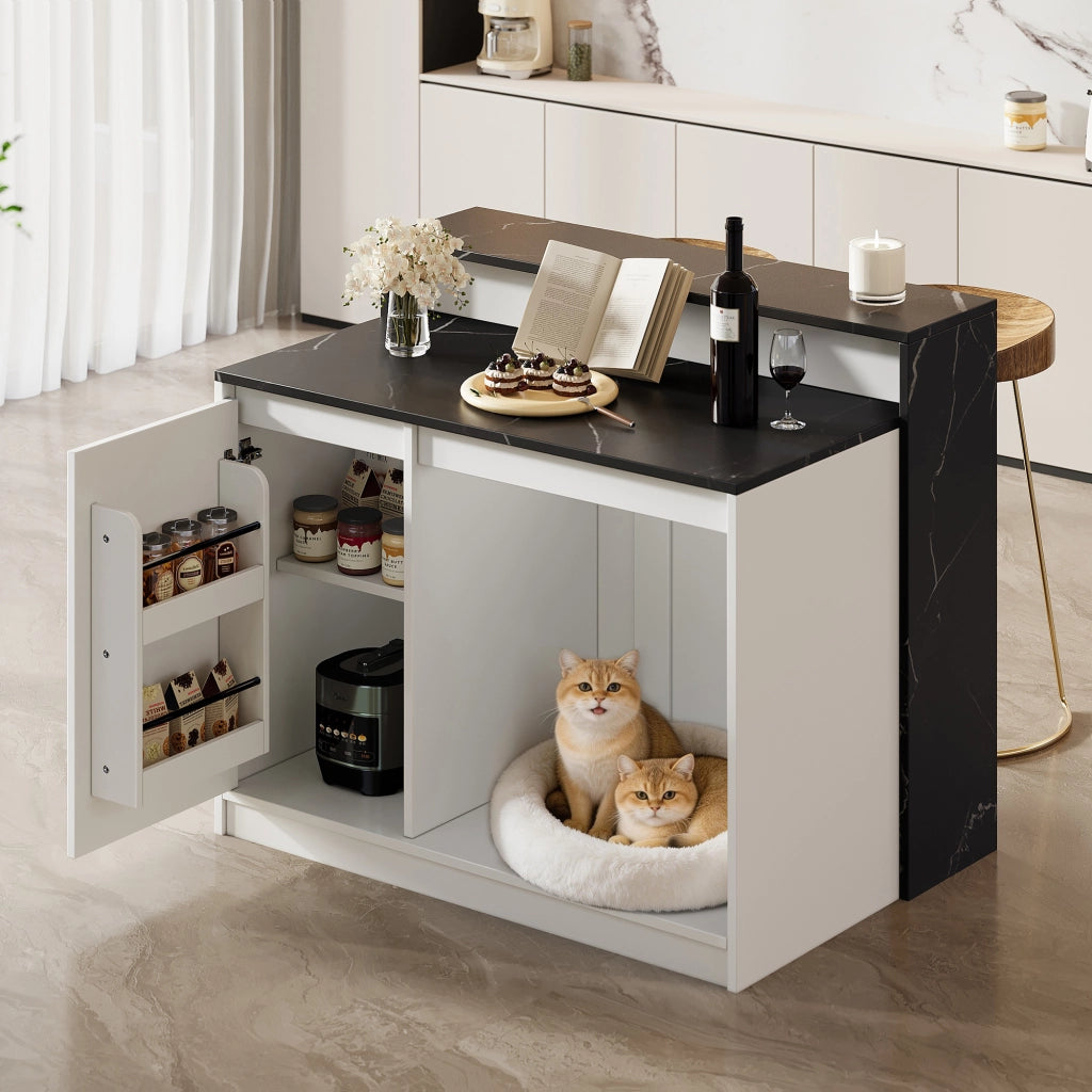 Isola cucina multifunzionale con bancone e area relax per animali, 120×80×100 cm, bianco e nero