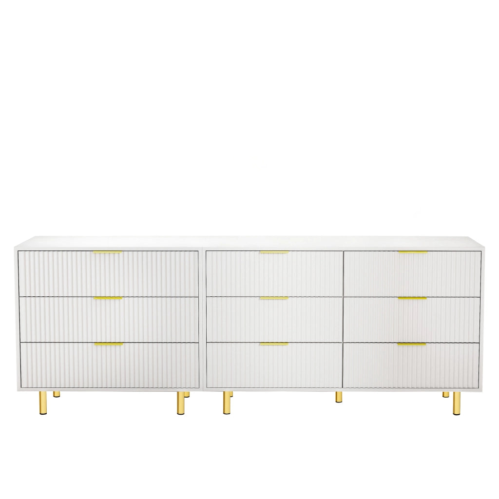 Comò modulare con 9 cassetti in MDF bianco con maniglie e gambe in metallo oro 72 × 200 × 40 cm