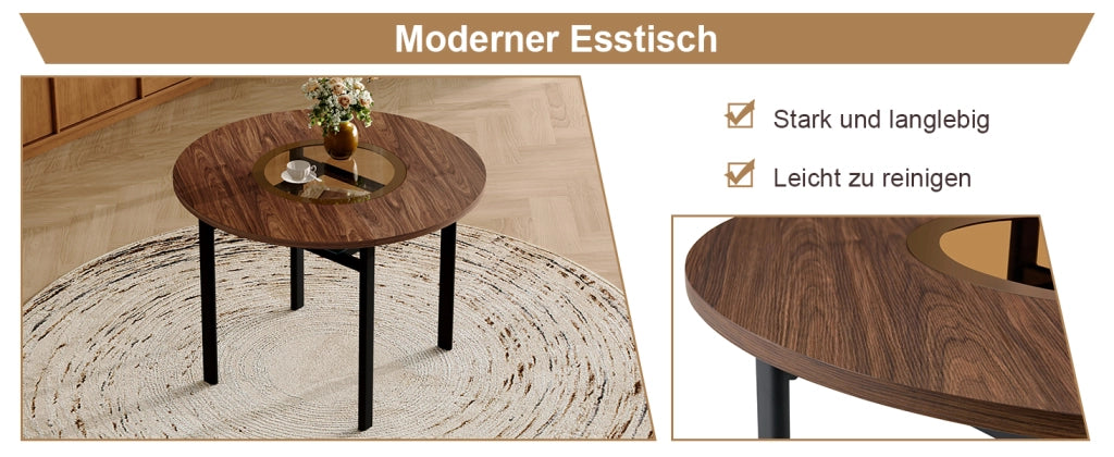 Tavolo da pranzo rotondo con 4 sedie, piano in MDF con inserto in vetro, per sala da pranzo e cucina, 100 cm