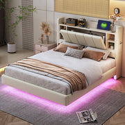 OKWISH Letto Imbottito 140×200 cm, Letto Matrimoniale con USB, LED Regolabile e Mensole, Testiera Reversibile, senza Materasso, Beige