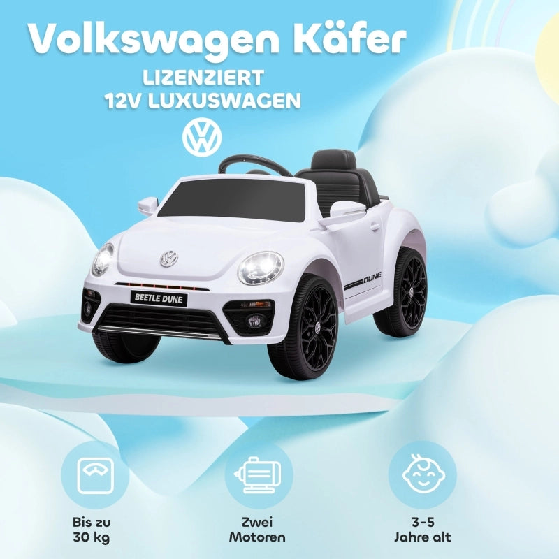 Macchina elettrica per bambini, modello Maggiolino VW, velocit¨¤ 3-5 km/h, con telecomando e musica, colore bianco.