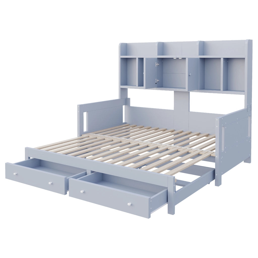 Divano letto estraibile 90 × 190 cm e 180 × 190 cm con cassetti, vani portaoggetti, presa e luci LED, senza materasso, grigio