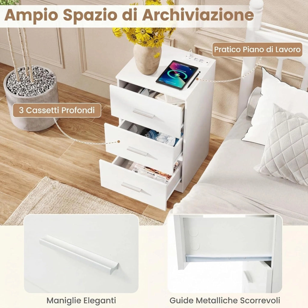 Comodino Camera da Letto 37 x 34 x 66,5cm, Cassettiera in Legno Moderno con 3 Cassetti, Mobile Salvaspazio per Soggiorno, Ufficio e Camerretta (1,Bianco Legno)