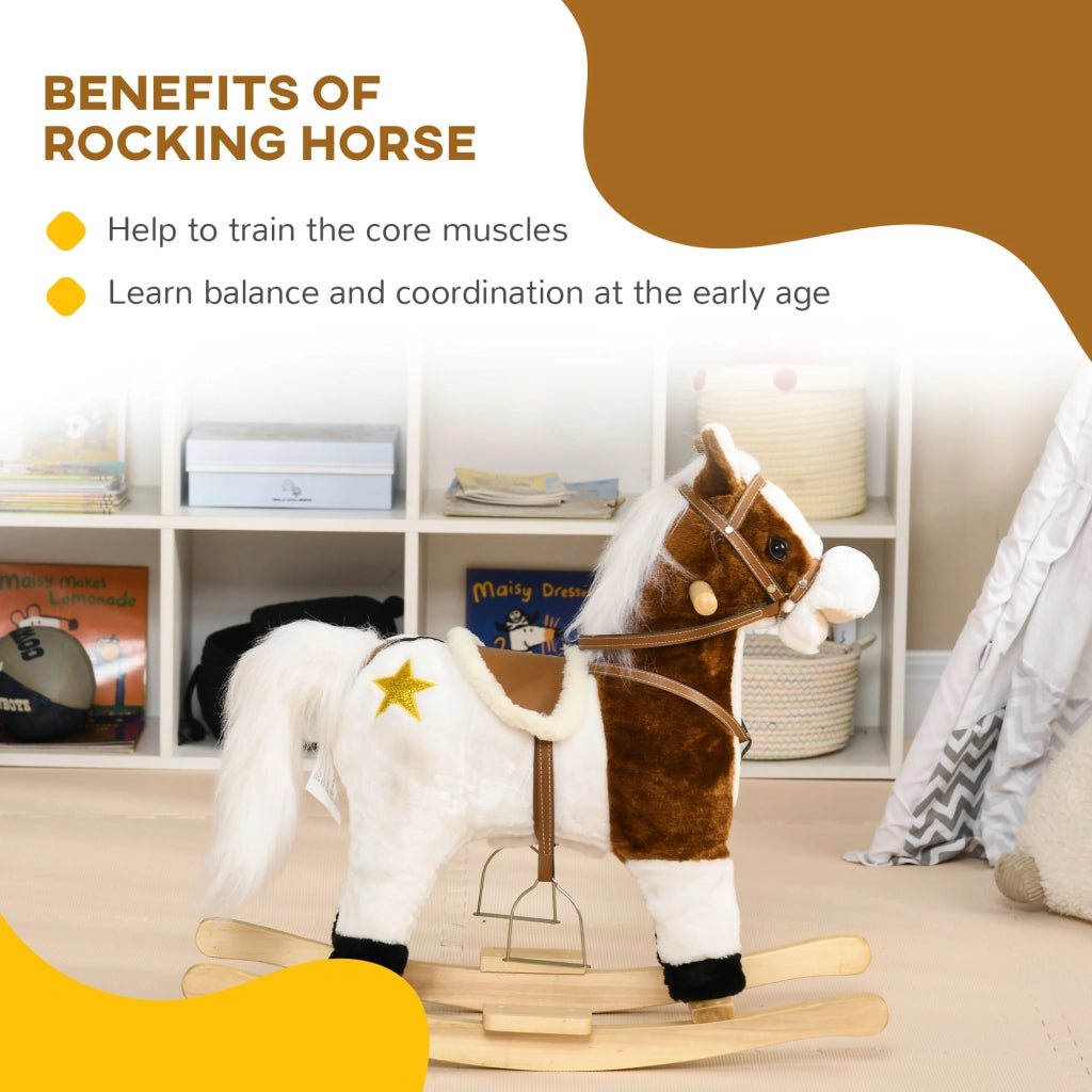 EasyComfort Cavallino a Dondolo per Bambini da 3-6 Anni in Peluche con Suoni, 68x26x62cm, Marrone