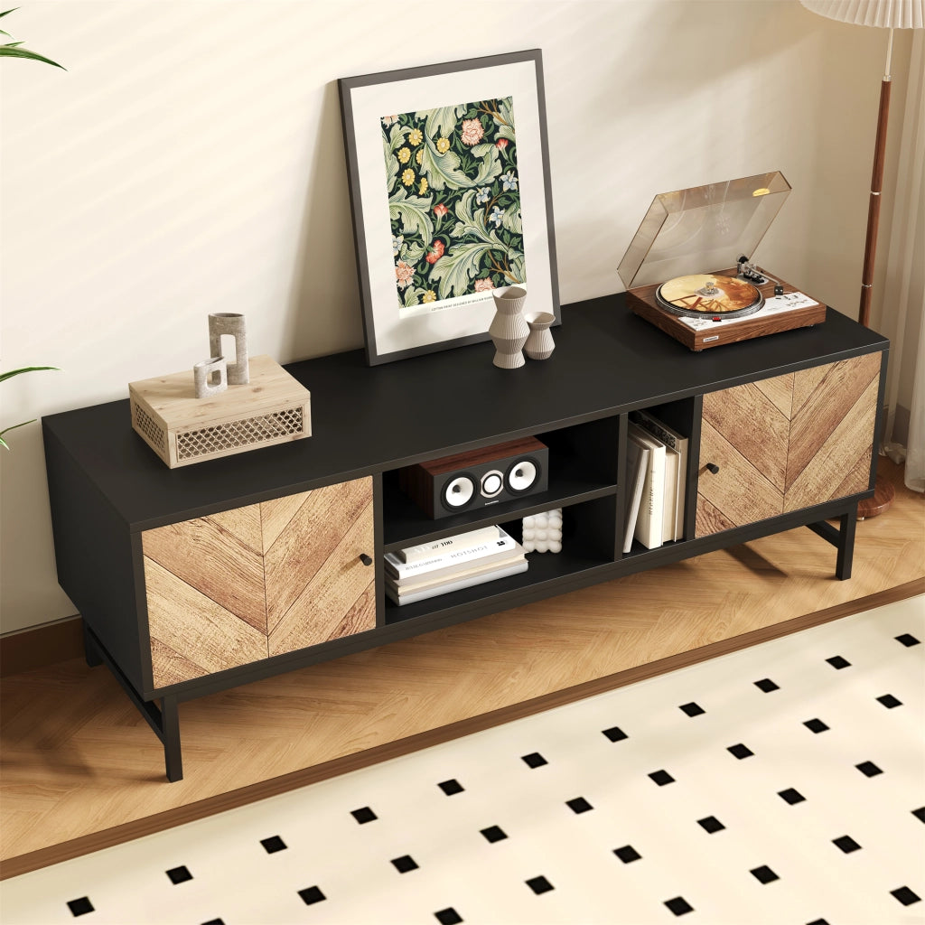OKWISH Mobile TV con 2 Ante e 3 Vani, Gambe in Metallo, Stile Moderno, per Soggiorno, 150 x 38 x 55 cm, Nero