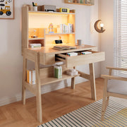 Scrivania per bambini, regolabile in altezza, con cassetto, ripiani, luce a LED, porta USB, color rovere