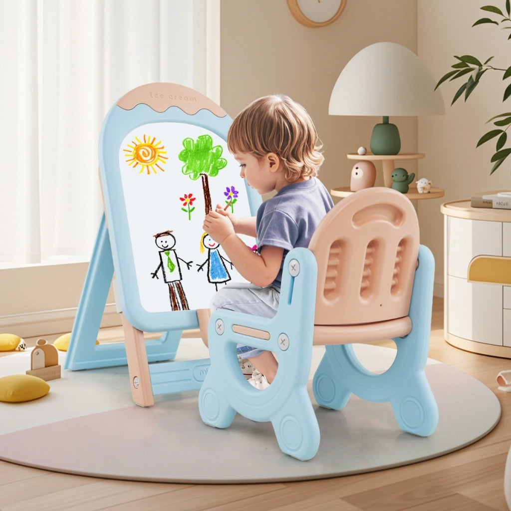 Cavalletto regolabile e pieghevole con lavagna e scatola portaoggetti, Cavalletto da disegno per bambini con sedia Blu-Cavalletti e lavagne bambini
